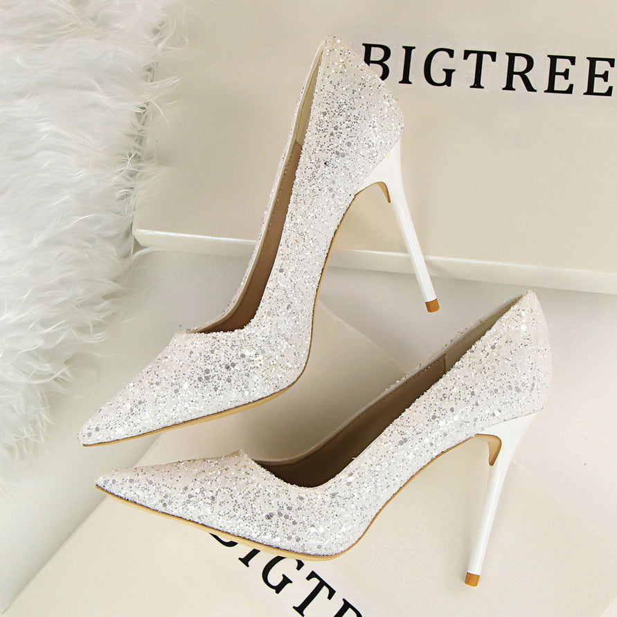 Elegant silver glitter Langry fashion high heel pumps with pointed toes and stiletto heels