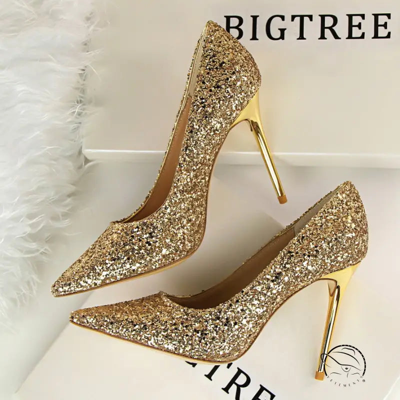 Elegant langry fashion gold glitter high heel pumps with metallic heels