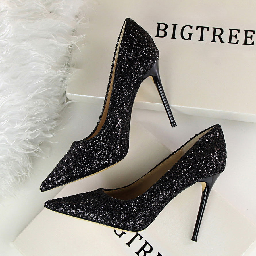 Langry elegant black glitter high heel pumps with pointed toes