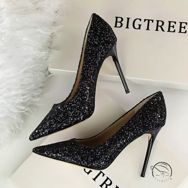 Elegant langry black glitter high heel pumps with pointed toes