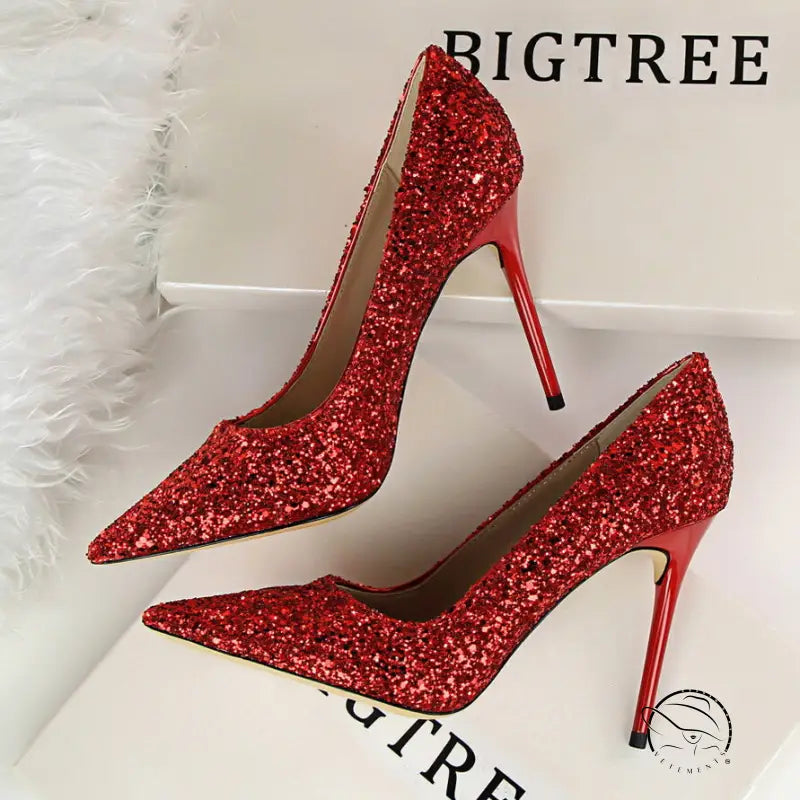 Elegant langry fashion red glitter pointed toe high heel pumps