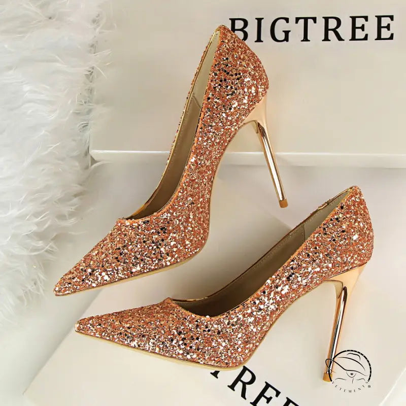 Elegant langry rose gold glitter high heel pumps with metallic accents