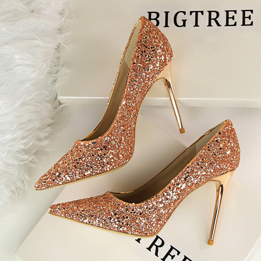 Elegant langry rose gold glitter high heel pumps with metallic accents
