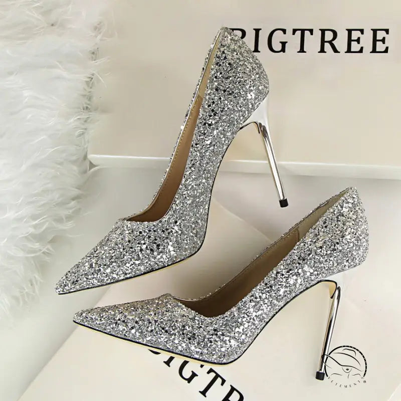 Elegant langry silver glitter fashion high heel pumps with pointed toes
