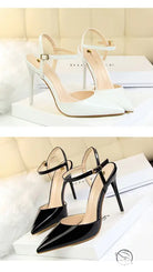 Leather slim fit strap high heel: black and white pointed toe sandals