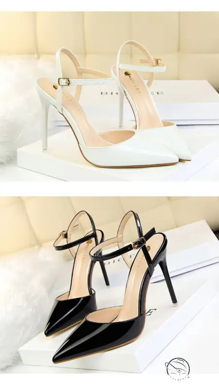 Leather slim fit strap high heel: black and white pointed toe sandals