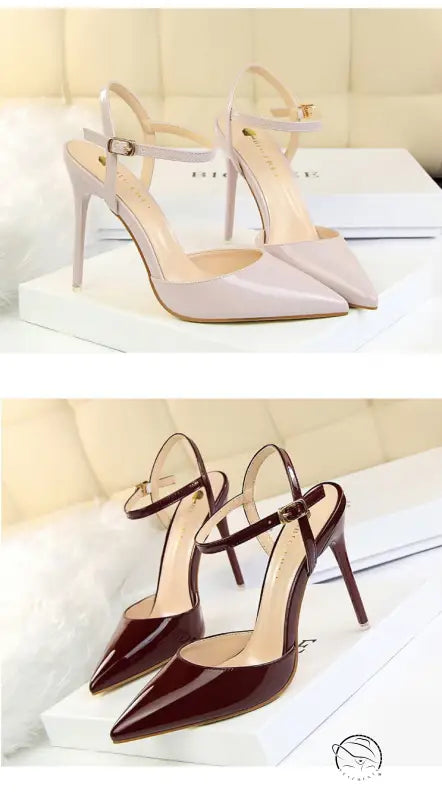 Leather slim fit strap high heel beige brown sandals with patent leather finish