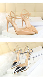 Langry nude patent leather slim fit strap high heel pumps with metallic accents and ankle strap for fashion ملابس