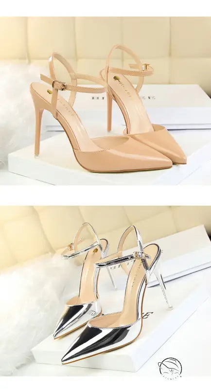 Nude leather slim fit strap high heel pumps with metallic accents