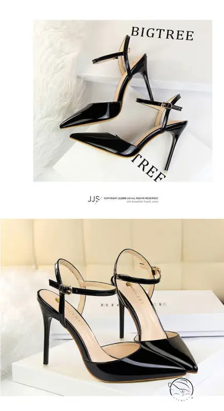 Black leather slim fit strap high heel sandals with ankle strap