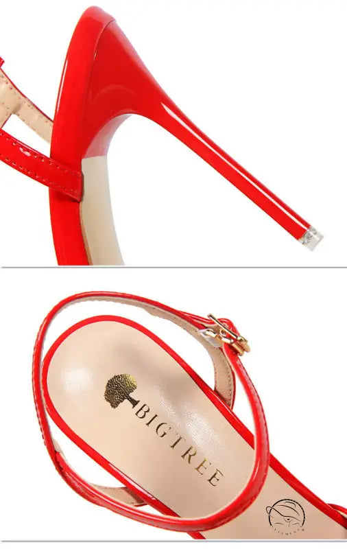Red leather slim fit strap high heel sandal with ankle strap and gold hardware