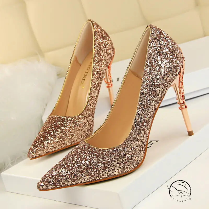 Elegant langry fashion gold glitter stiletto heel pumps with metallic straps