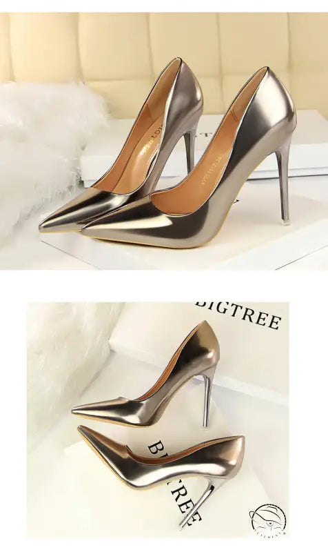 Fashionable metallic pointed-toe stiletto heels in langry style