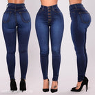 High-waisted dark-wash skinny denim blue casual jeans with waist stretch slim fit