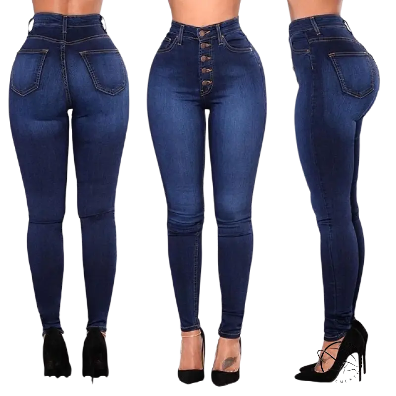High-waisted skinny denim blue casual jeans with waist stretch slim fit