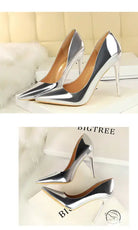 Elegant silver stiletto heels in fashionable metal high heels style
