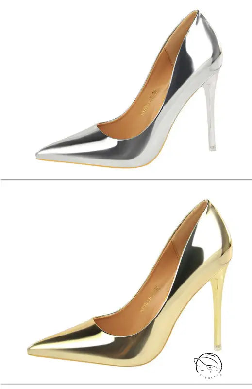 Two shiny pointed-toe langry fashion metal stiletto heels