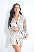 Cute mesh silver lace silky lingerie with satin robe and delicate trim