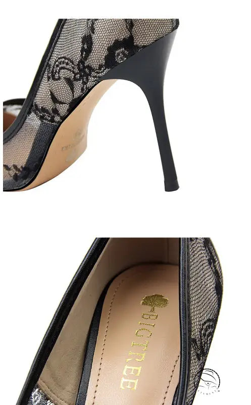 Elegant skinny high heels in black lace, patent leather with beige sole from Langry fashion