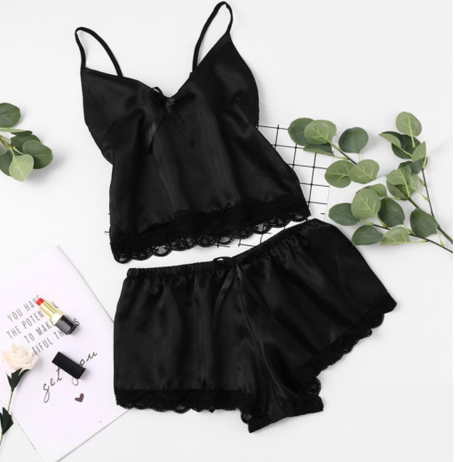 Elegant Langry black satin pajamas set with lace trim
