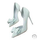 Elegant sweet high-heeled pumps in light blue satin with delicate bow