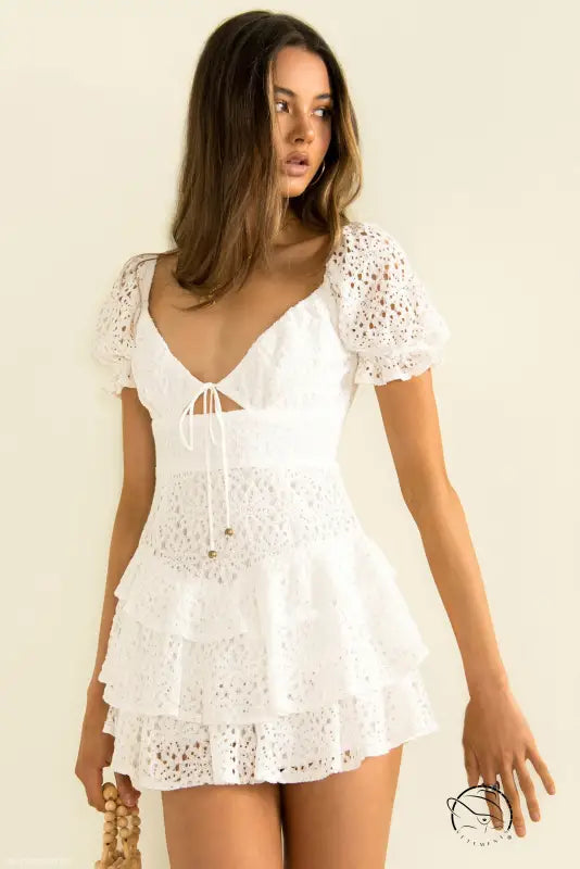 Elegant short lace white eyelet mini dress
