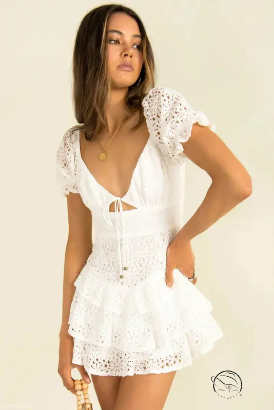 Elegant short lace white eyelet mini dress