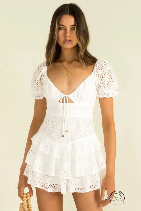 Elegant short lace up white eyelet romper dress