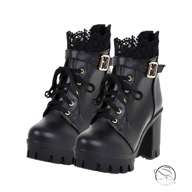 Black lace buckle boots with gold eyelets, buckles, and chunky heels