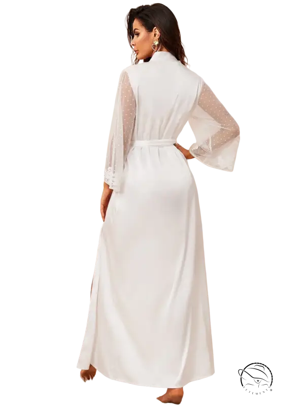 Elegant silk pajamas with white nightgown belt and sheer polka-dotted sleeves
