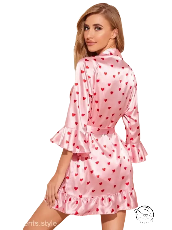 Pink love outerwear satin robe with heart pattern and belt