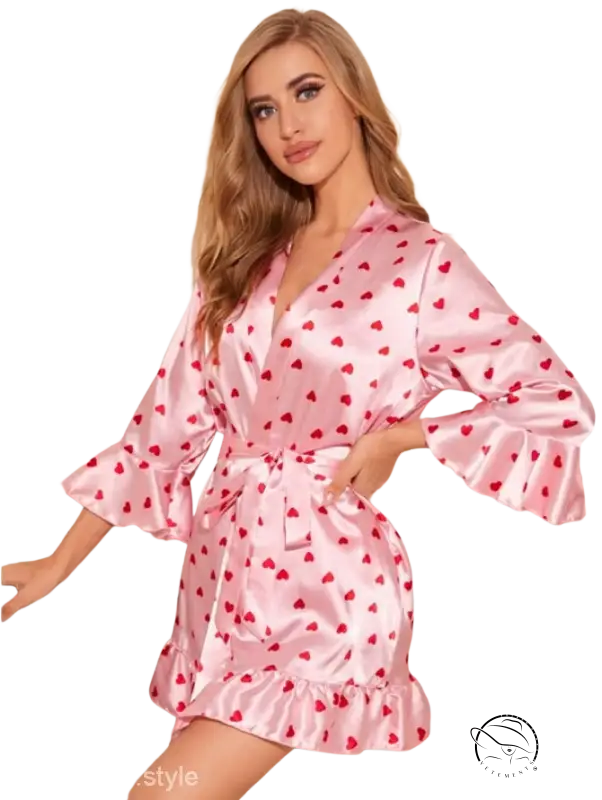 Pink heart-patterned satin robe with gown belt for comfy summer homewear