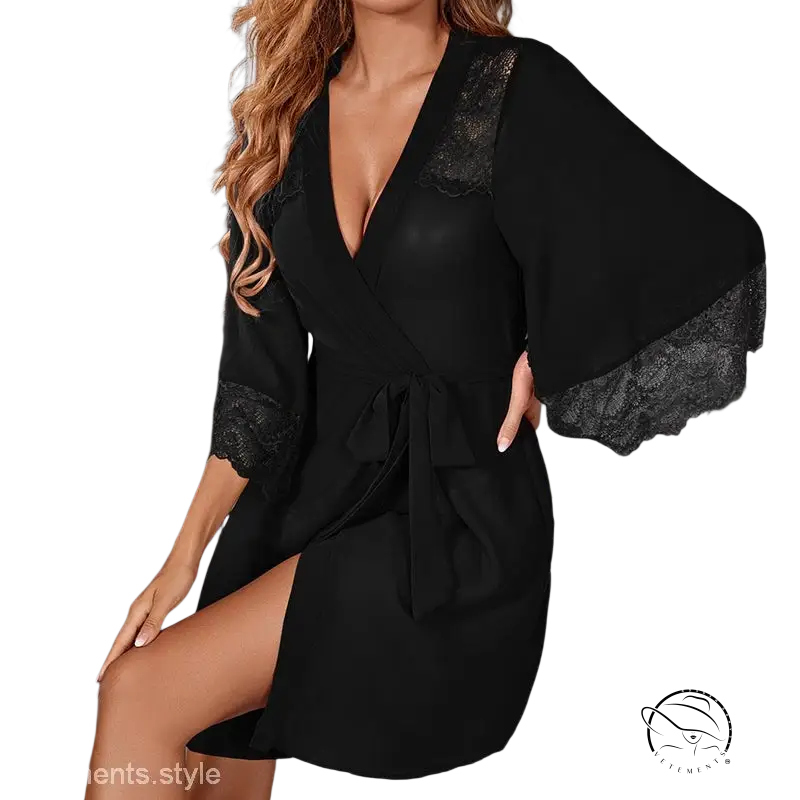 Black lace-trimmed robe in comfy cute mini homewear gown