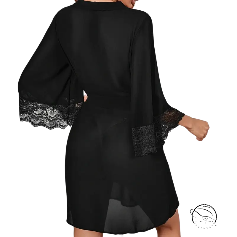 Black lace-trimmed robe in comfy cute mini homewear gown