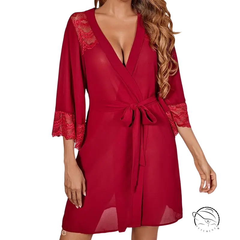 Red sheer robe with lace trim in Comfy Cute Mini Homewear