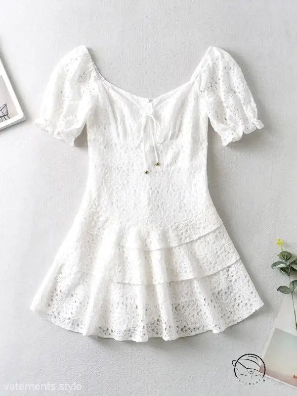 Elegant short lace up white eyelet tiered dress