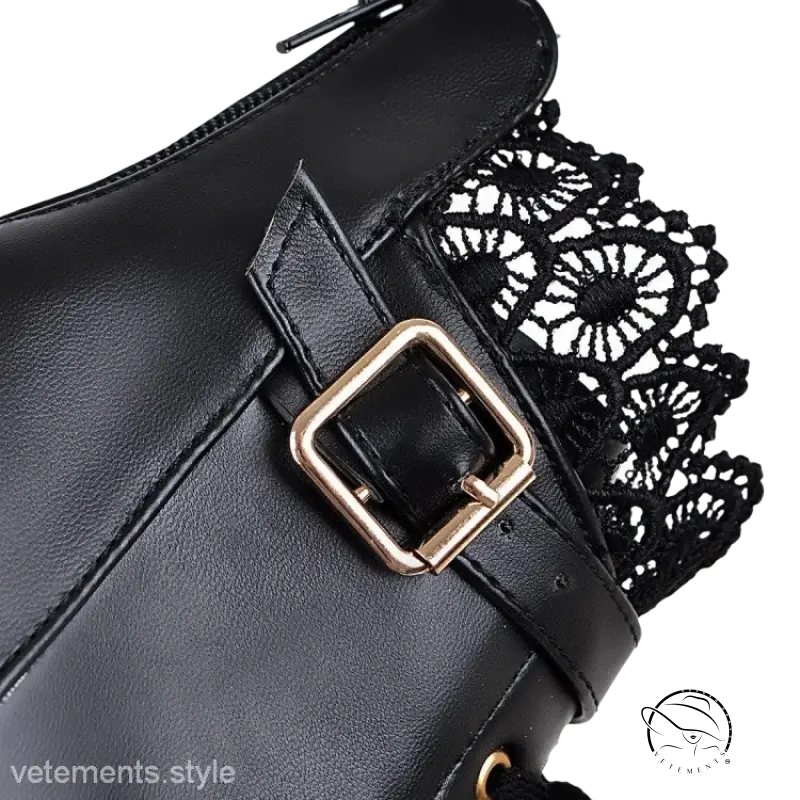 Black leather crossbody bag with gold buckle and lace trim for Lace Buckle Boots