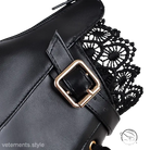 Black leather crossbody bag with gold buckle and lace trim for Lace Buckle Boots