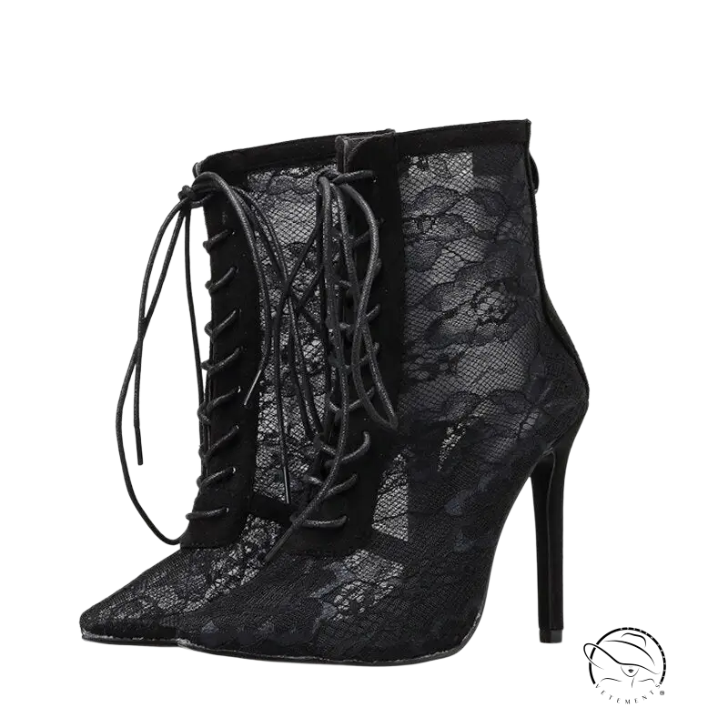 Black lace high boots floral with stiletto heel and suede trim