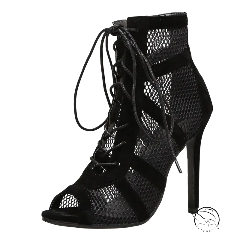 Black aneikeh high heels ankle bootie with mesh suede panels lace-up floral design