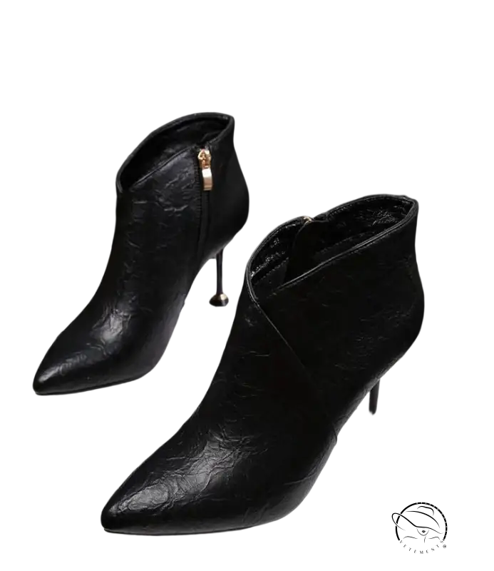 Fashion European boots: black leather ankle with pointed toe, stiletto heel