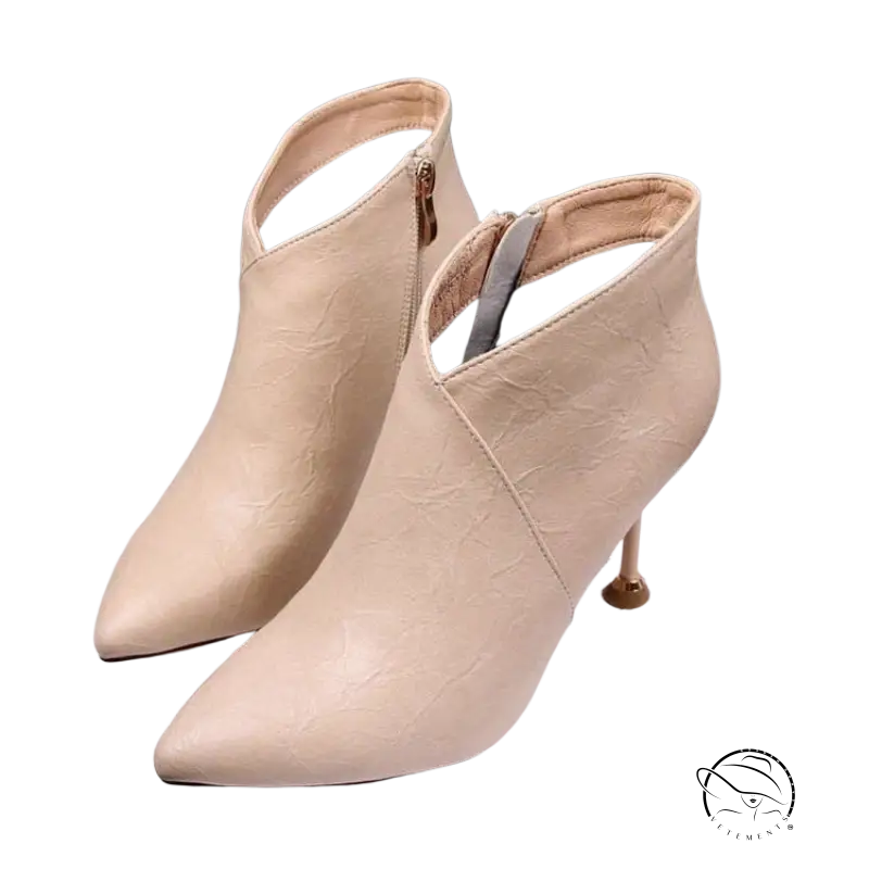 Beige leather pointed-toe ankle fashion European boots with slender heel
