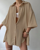 Oversized beige textured shirt from COMFY LOOSE LOUNGEWEAR collection for relaxed style