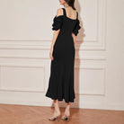 Black off-the-shoulder midi dress for a stunning backless slit fashion look ملابس