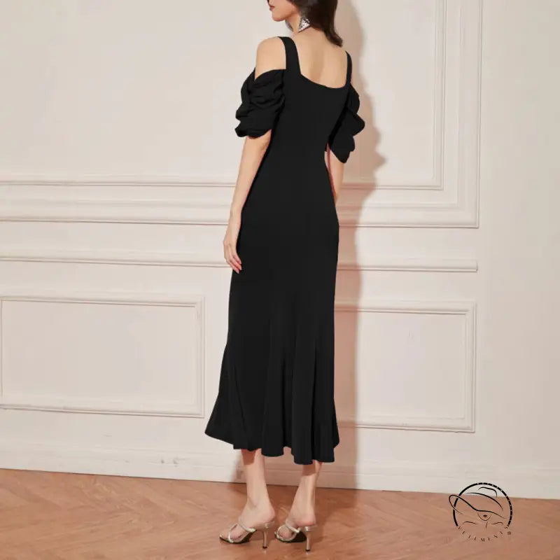 Stunning black backless slit dress with off-the-shoulder midi style