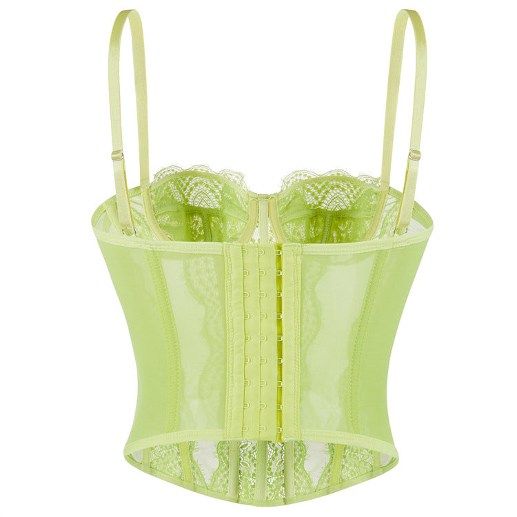 Lime green langry fashion corset top with lace trim and zipper