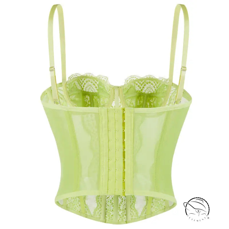 Lime green lace-trimmed langry fashion camisole top with adjustable straps and front zipper