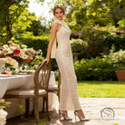 Elegant white lace sleeveless gown with high neckline, silver heels, langry fashion dress