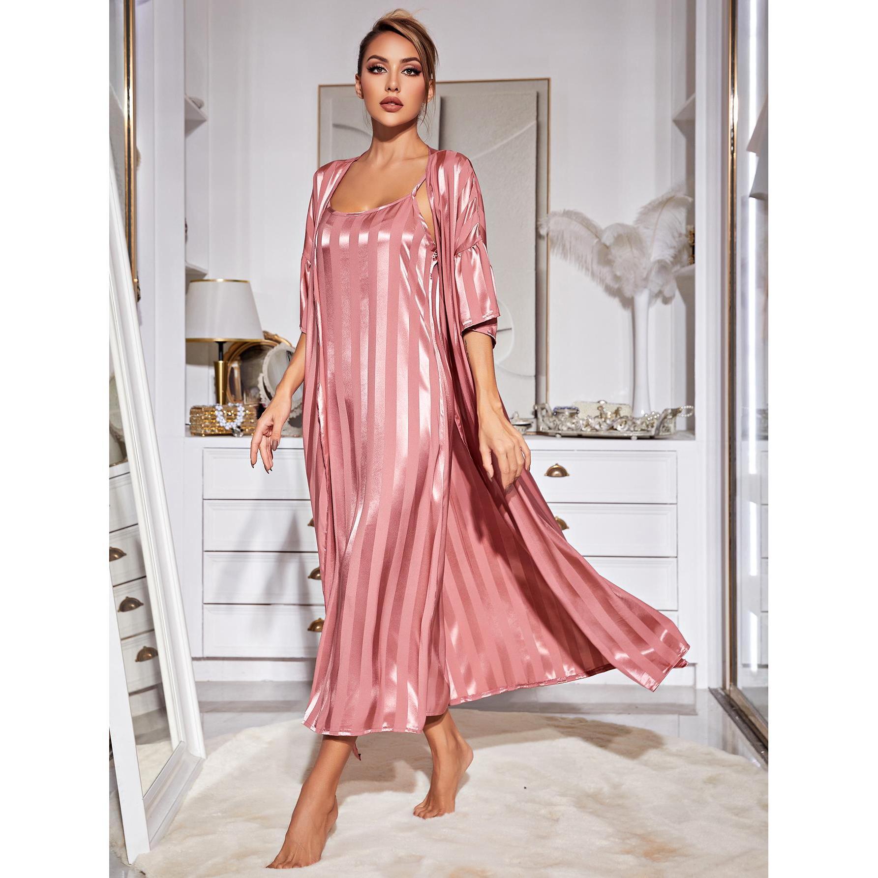 Elegant langry rose gold satin long robe with square neckline and kimono sleeves for fashion home wear
