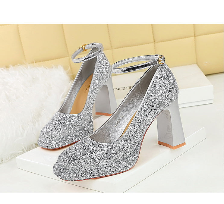 Waterproof Low Cut Square Toe Sequ Ankle Strap Shoes